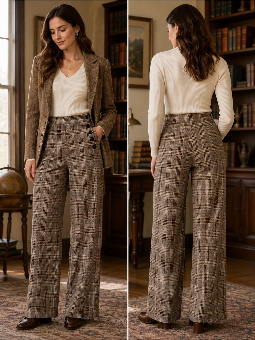 Studio JPR Plaid Wide Leg Sailor Button Trousers Academia